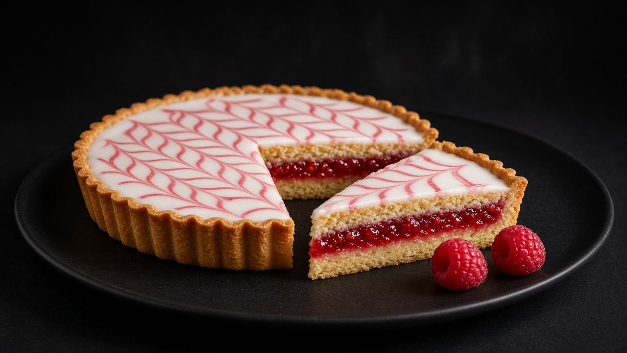 A round tart with a feathered pink and white iced top, studded with raspberries, sliced to show an almond frangipane filling.