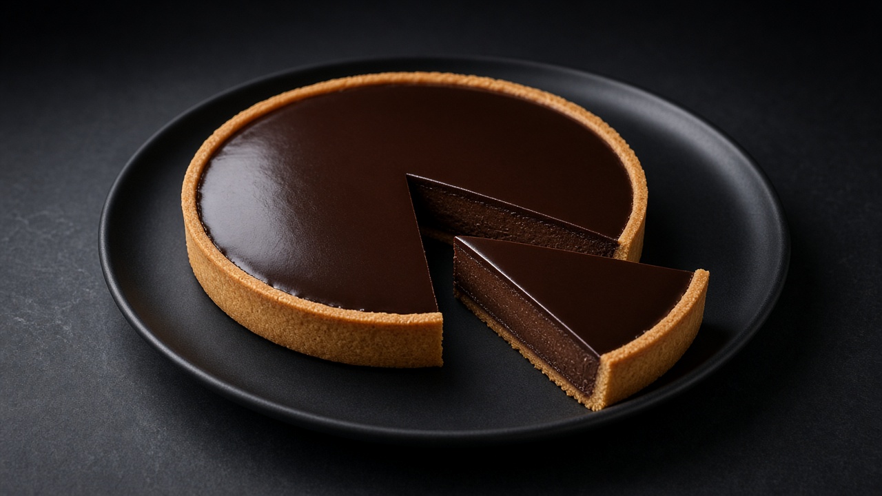 A glossy dark chocolate tart in a golden pastry case on a dark plate, with one slice pulled out.