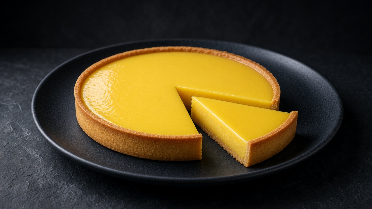 A smooth bright yellow lemon tart in a golden pastry case on a dark plate, with a slice cut out.