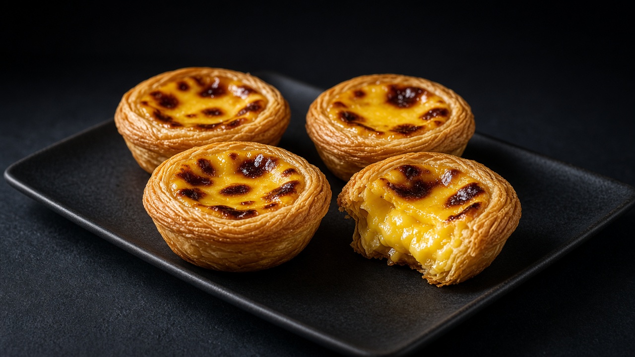 Four Portuguese custard tarts with flaky golden pastry and blistered, dark-spotted custard on a dark tray, one bitten open.