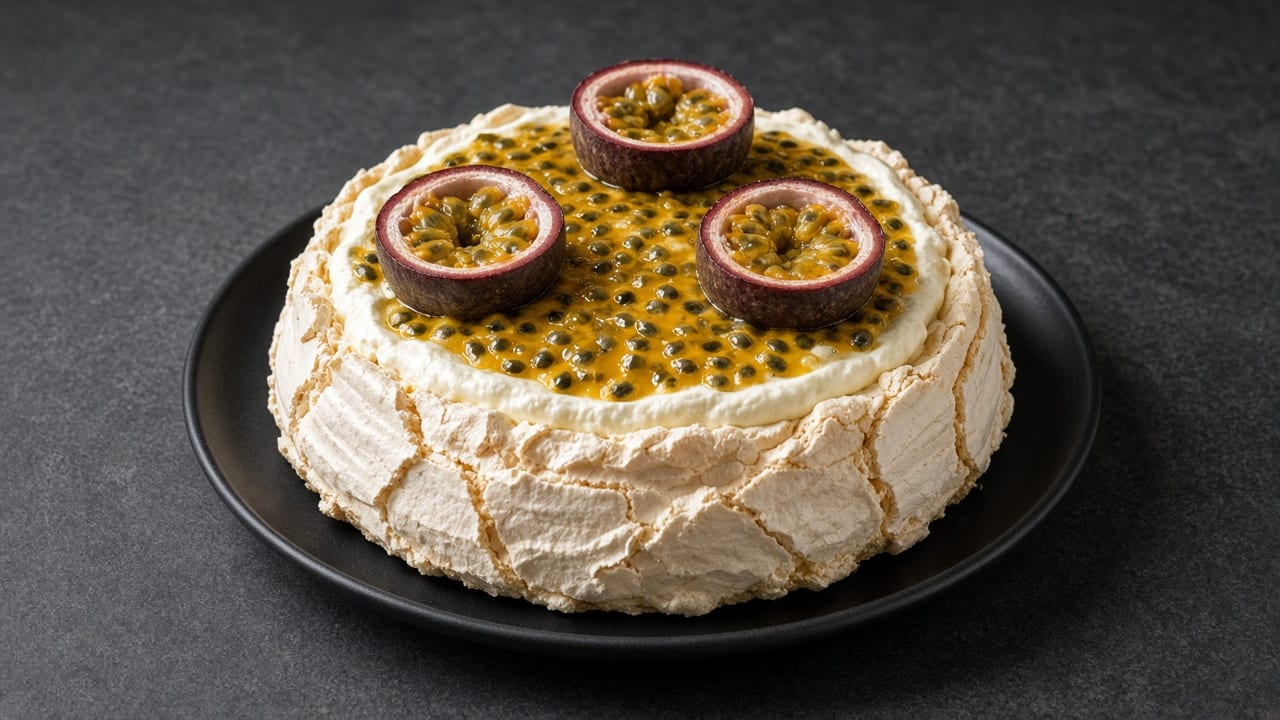 A pavlova covered in whipped cream and glossy passion fruit pulp, topped with passion fruit halves.