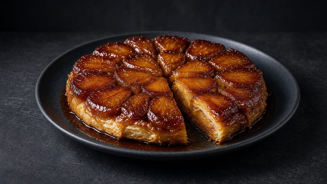 A turned-out tarte tatin on a dark plate, its glossy amber caramelised apples on golden pastry.