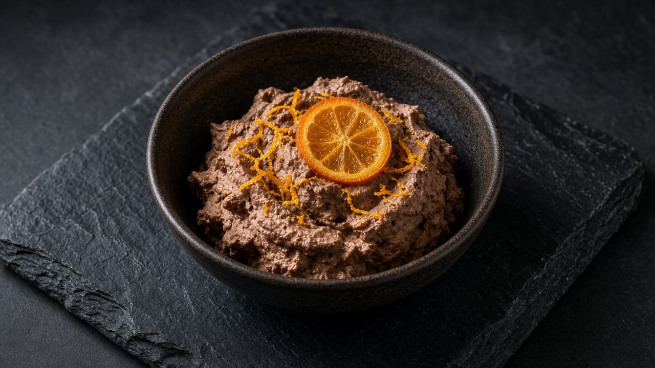 Chocolate mousse topped with a candied orange slice and fine strands of orange zest.