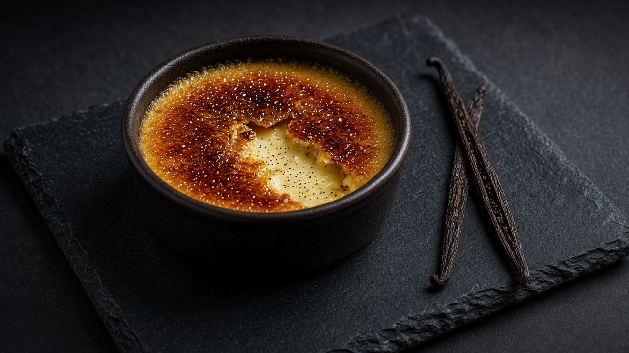 Individual baked custards in ramekins, each topped with a glossy, deep amber caramelised sugar crust.