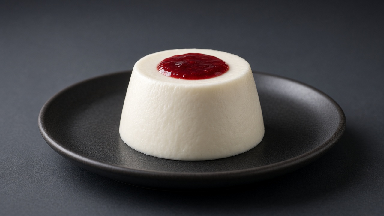 A turned-out white buttermilk panna cotta topped with bright red raspberry coulis.