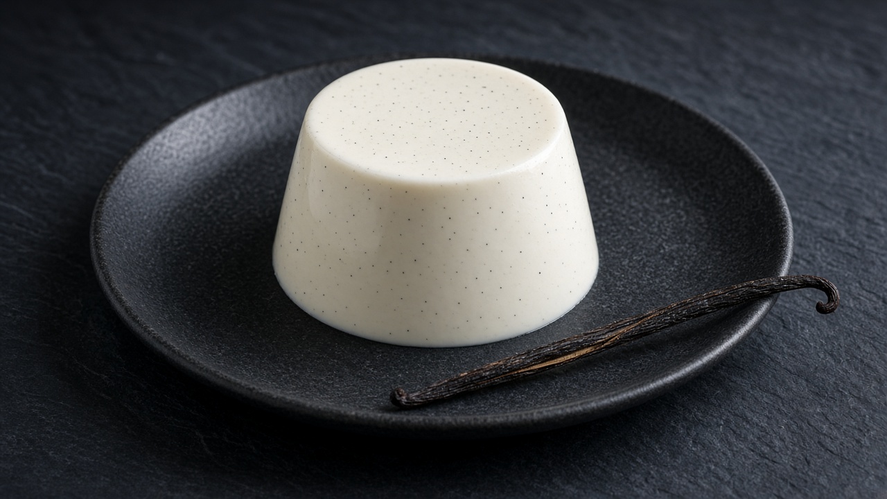 A plain white panna cotta speckled with vanilla seeds, with a vanilla pod beside it.