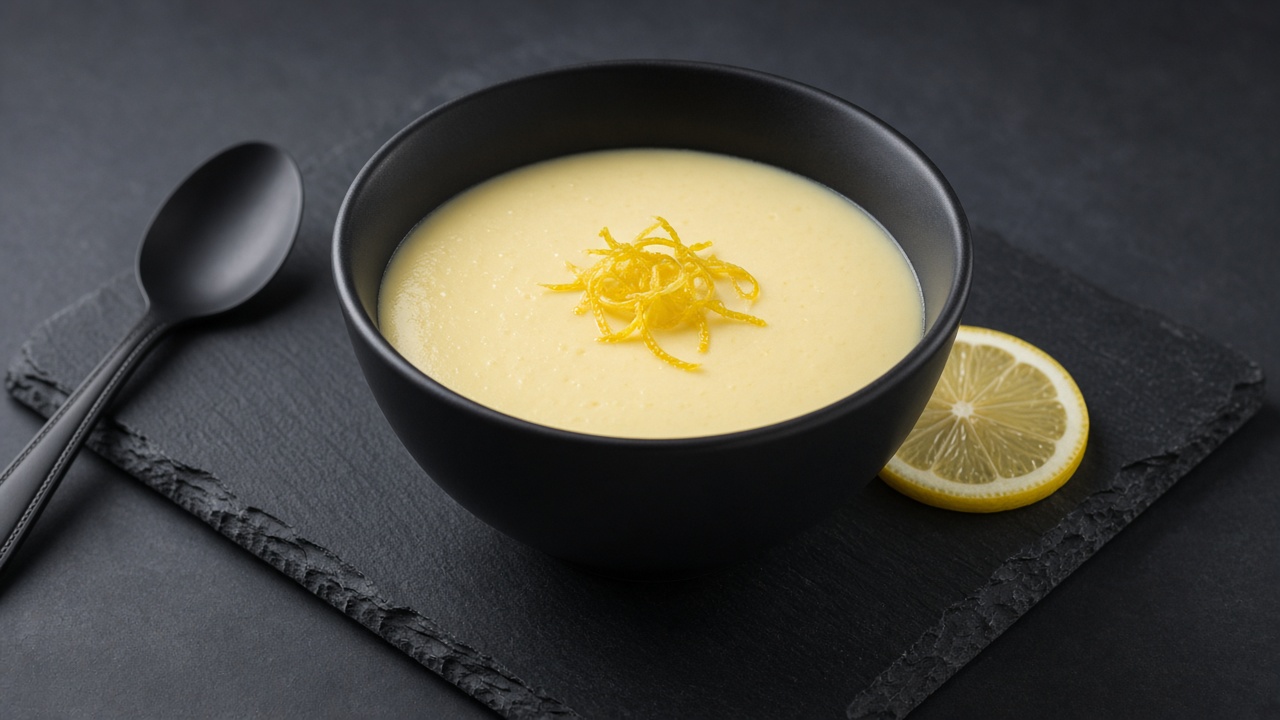 A bowl of lemon posset topped with fine strips of lemon zest, with a lemon slice alongside.