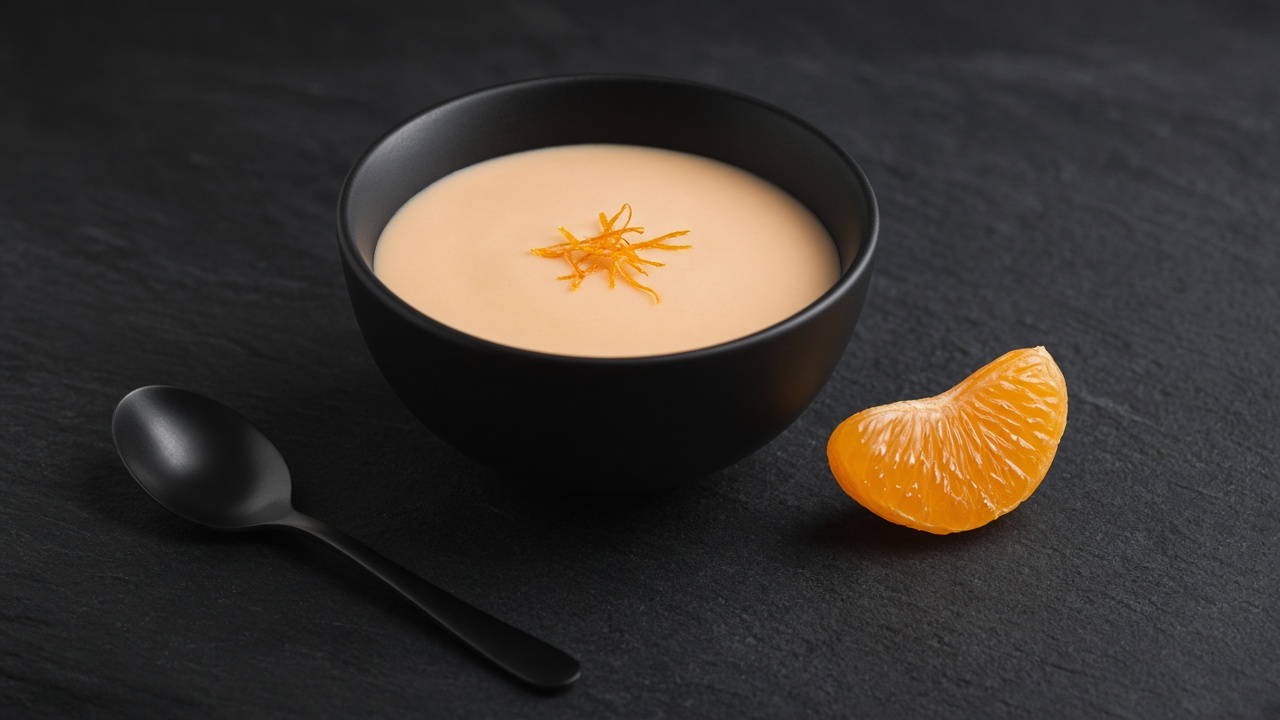 A soft orange posset topped with orange zest strips, with orange segments beside it.