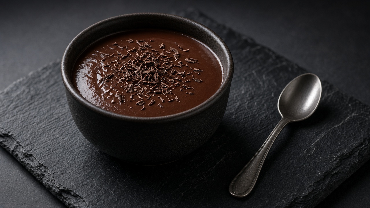A dark bowl of rich chocolate pot de crème topped with fine chocolate shavings on slate.