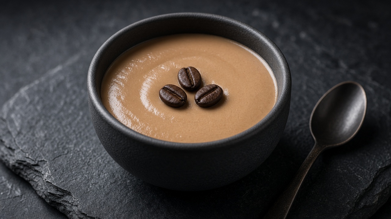 A coffee pot de crème in a dark bowl, topped with three roasted coffee beans.
