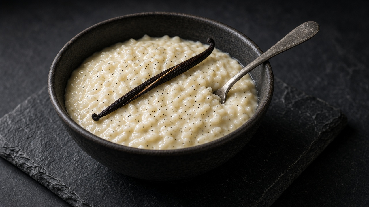 A bowl of creamy vanilla rice pudding garnished with a vanilla pod.