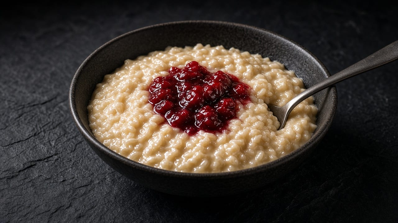 A bowl of creamy rice pudding topped with a spoonful of red berry compote, with a spoon.