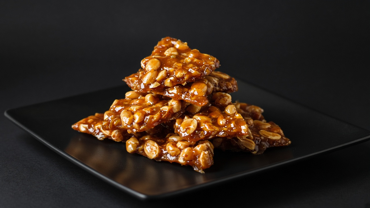 Glossy, peanut-packed brittle pieces piled on a dark plate.