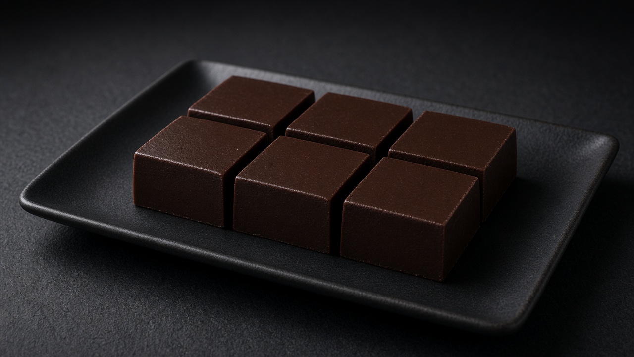 Six neat squares of smooth dark chocolate fudge on a black tray.
