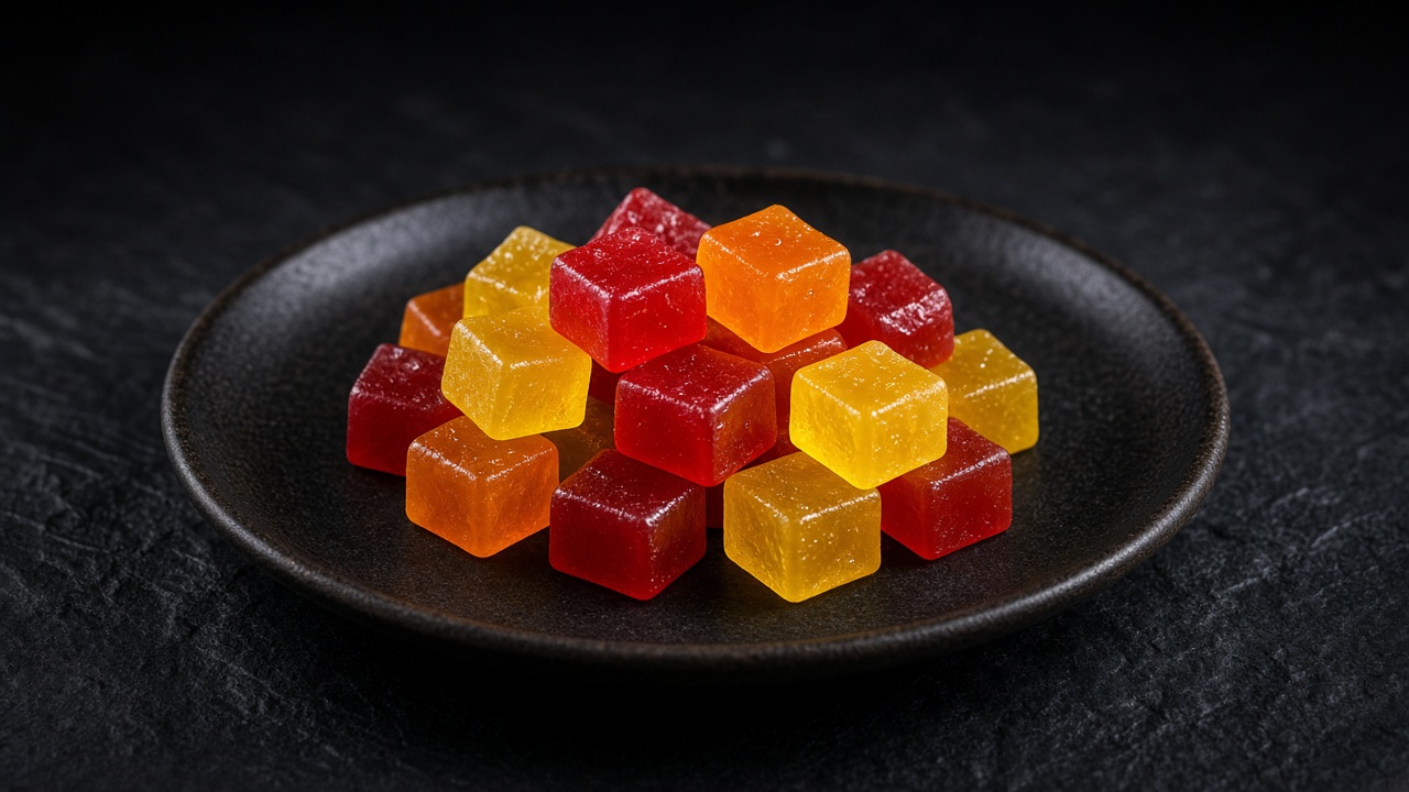 Red, orange and yellow translucent fruit gummy cubes piled in a dark bowl.