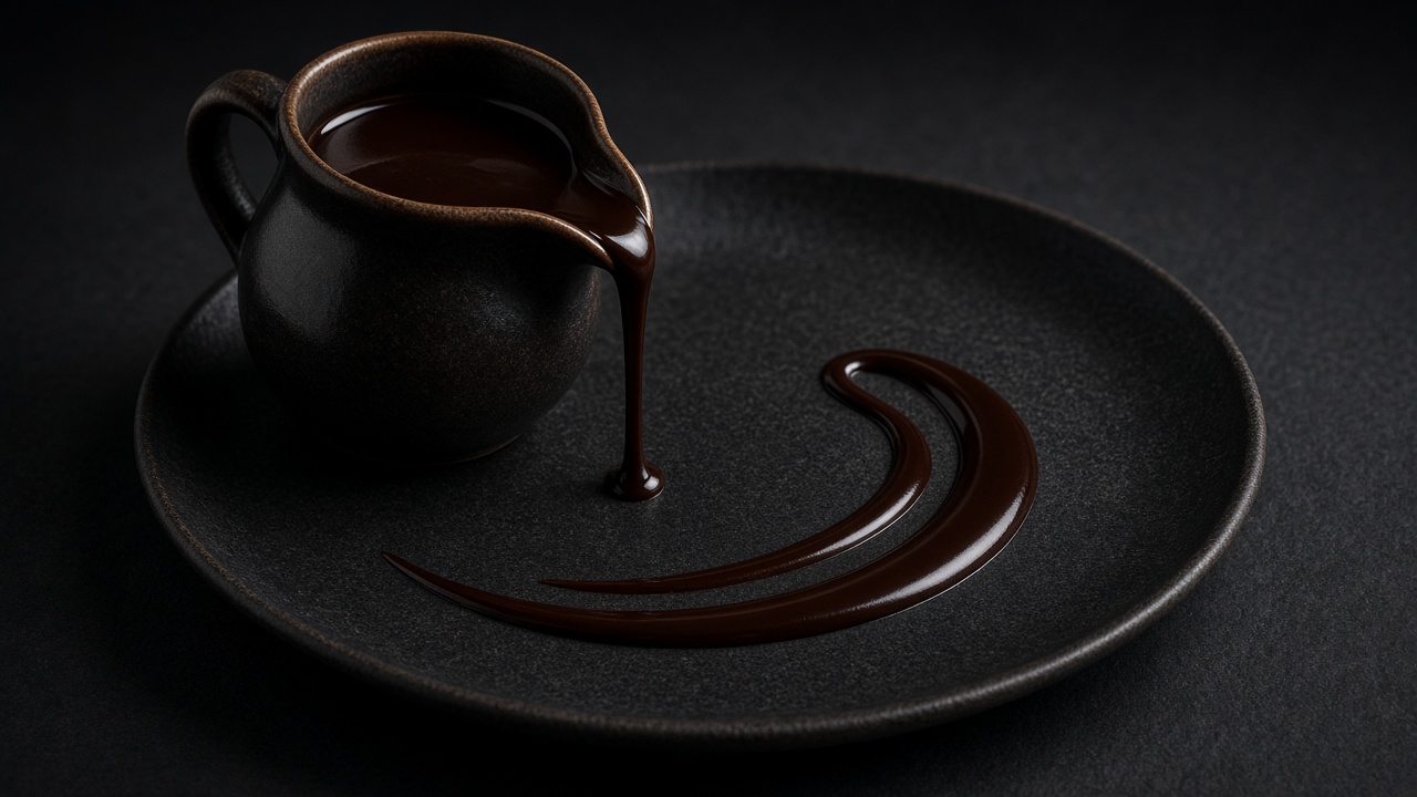 Dark chocolate fudge sauce pouring from a small jug onto a dark plate.