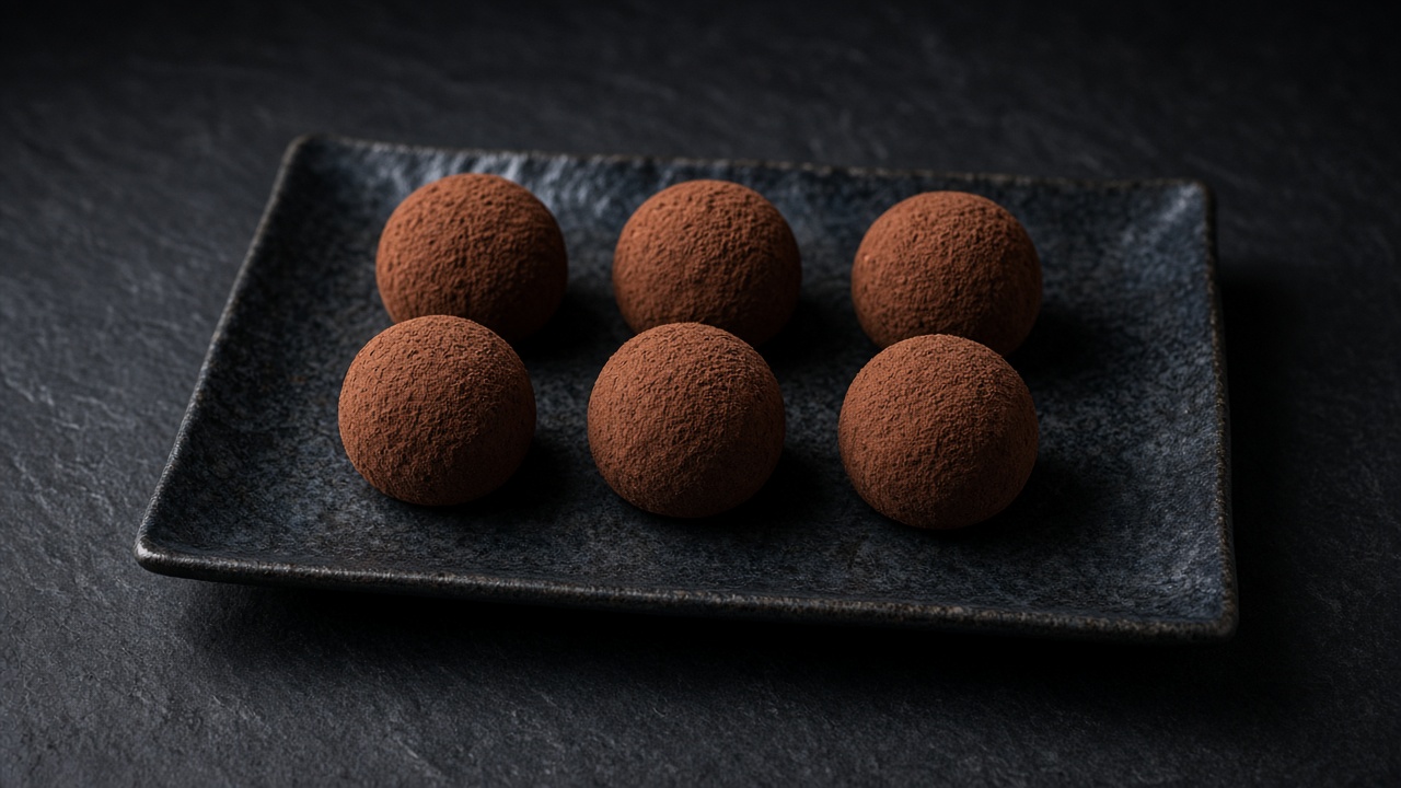 Six round cocoa-dusted dark chocolate truffles on a dark slate tray.