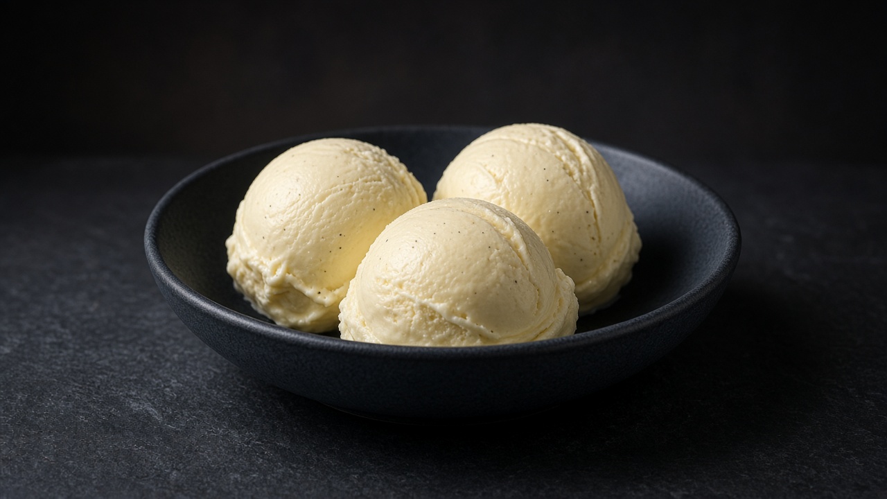 Three scoops of pale yellow vanilla custard ice cream in a dark bowl.