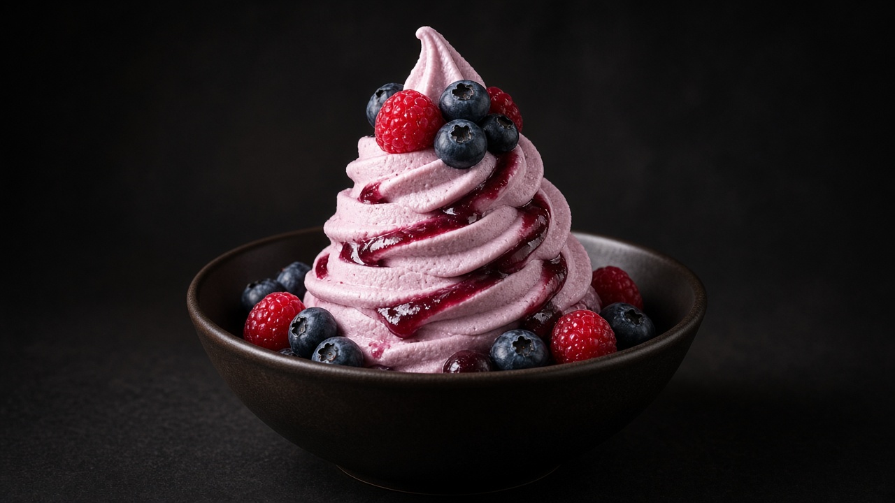 A tall pink swirl of berry frozen yoghurt surrounded by raspberries and blueberries in a dark bowl.