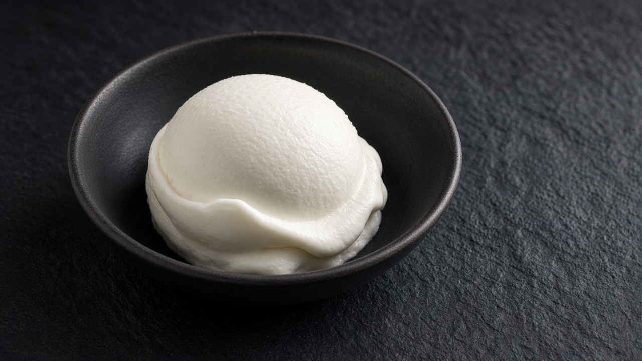 A smooth round scoop of pure white fior di latte gelato in a dark bowl.