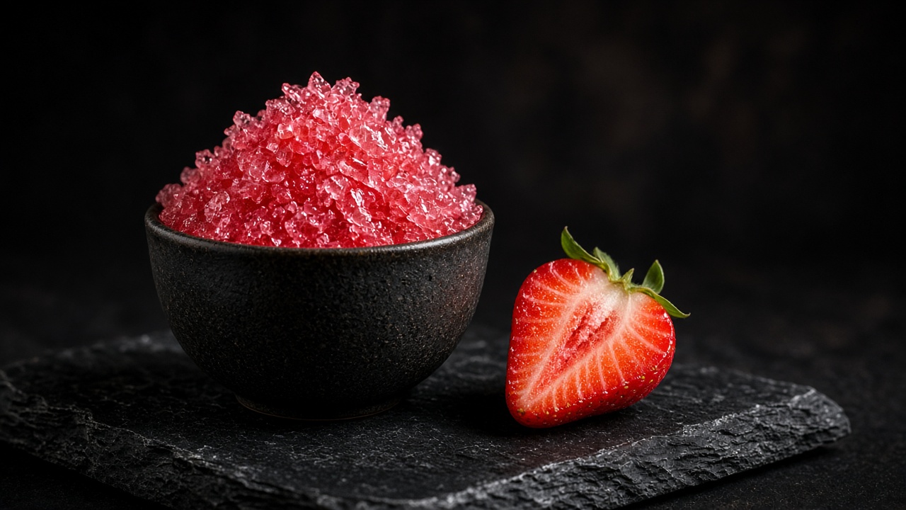 Bright red flaky strawberry granita heaped in a dark bowl beside a halved strawberry on slate.