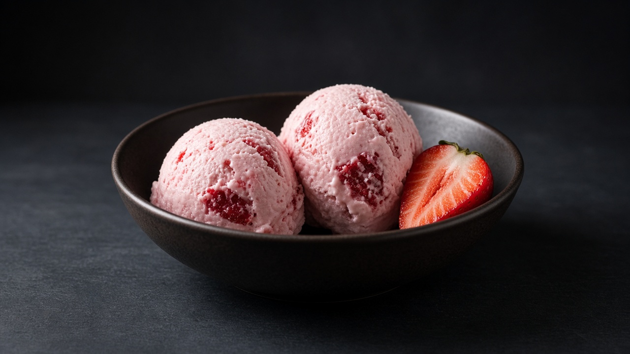 Scoops of pink strawberry ice cream flecked with red fruit, with a halved strawberry, in a dark bowl.