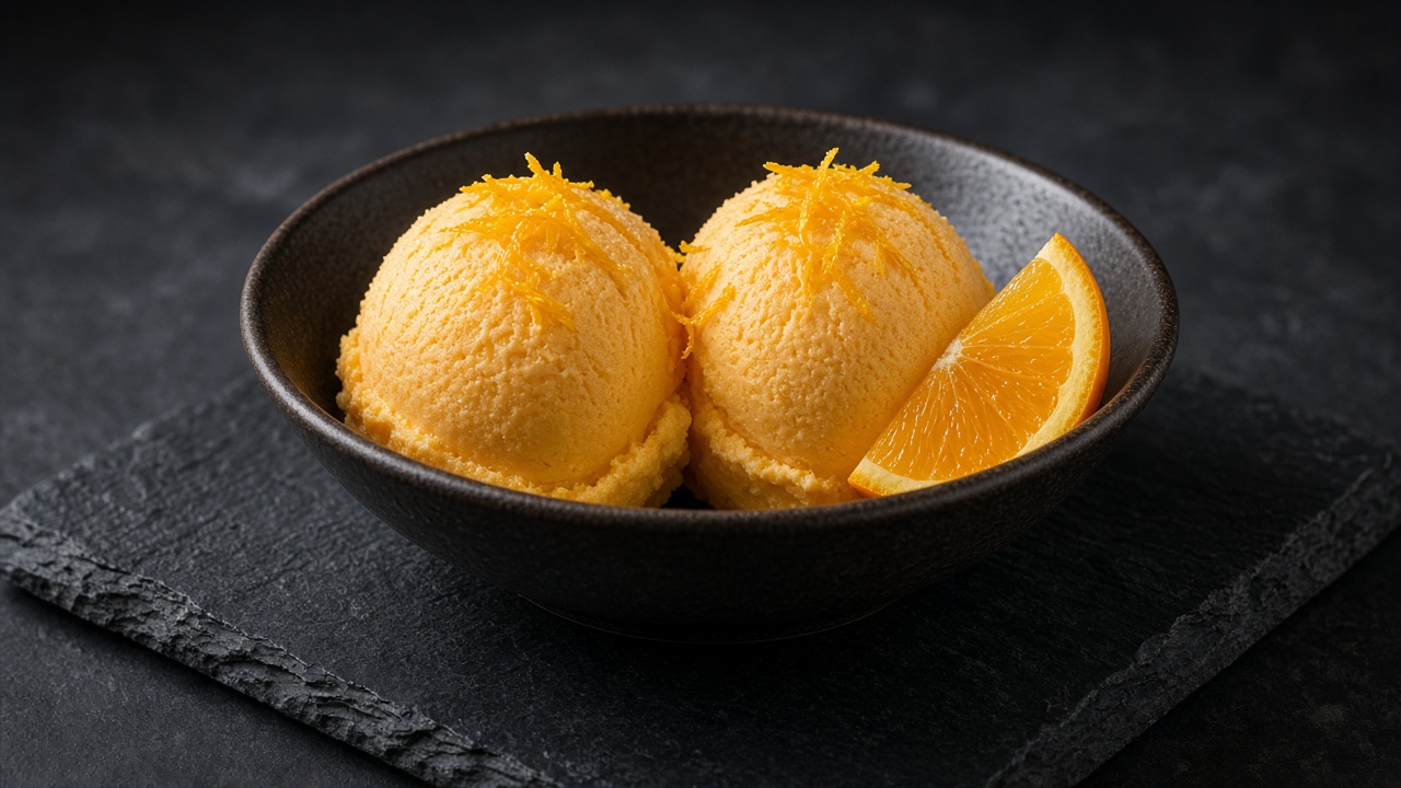 Pale orange sherbet scoops served in a dish with fresh orange segments.
