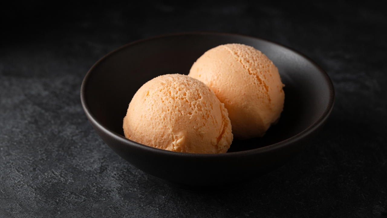 Two scoops of pale peach-orange creamy sherbet in a dark bowl.