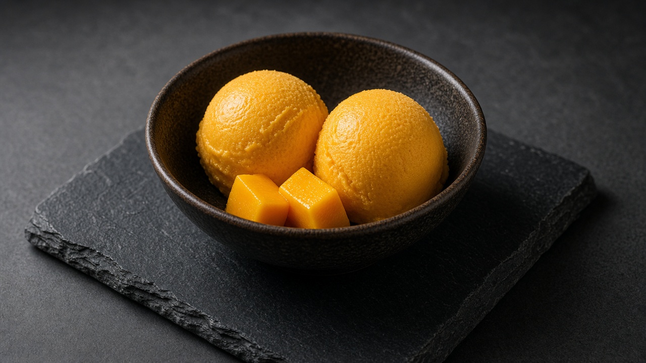 A scoop of vibrant yellow-orange mango sorbet in a chilled glass.