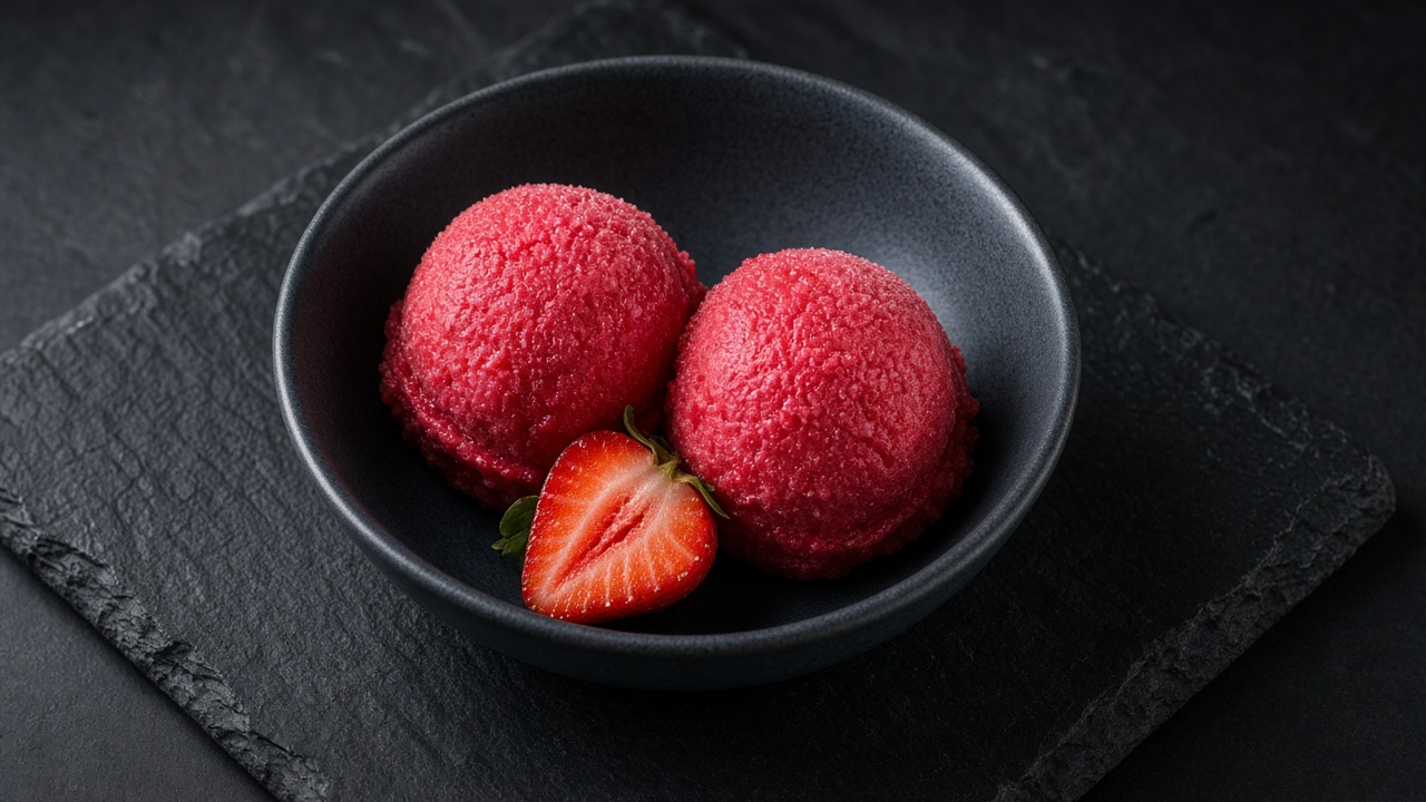 Two scoops of deep red strawberry sorbet with a halved fresh strawberry in a dark bowl.