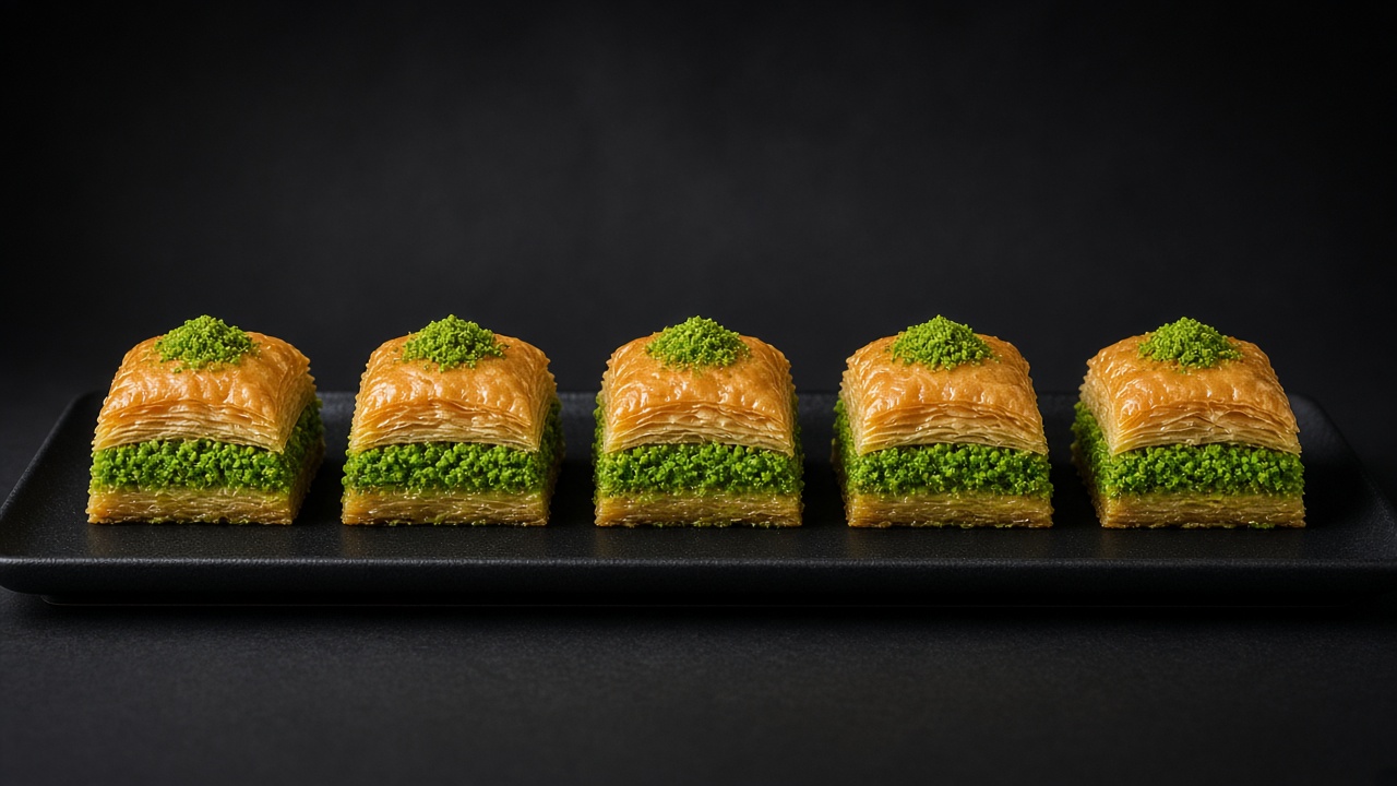 Squares of crisp filo baklava with a thick bright green pistachio layer and a mound of ground pistachio on top.
