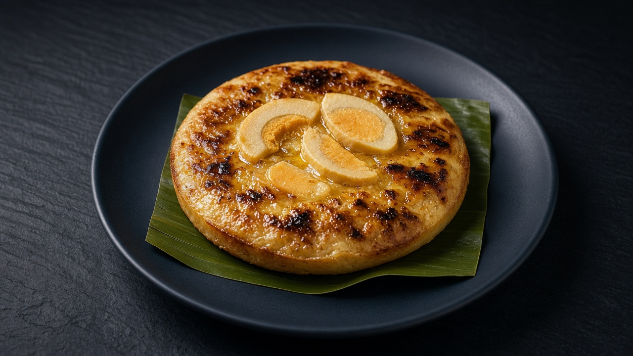 A round golden bibingka on banana leaf, topped with slices of salted egg and dark scorched spots.