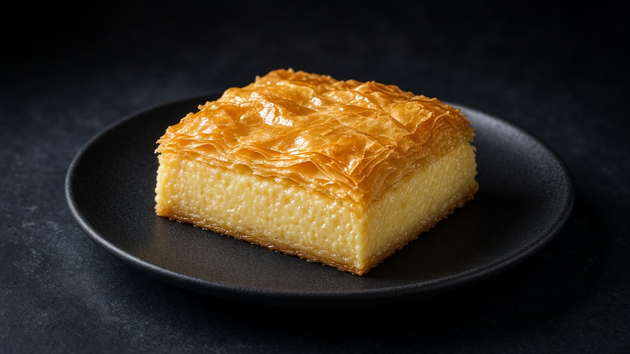 A syrup-soaked golden filo pie cut into diamond pieces, revealing a thick creamy custard filling.