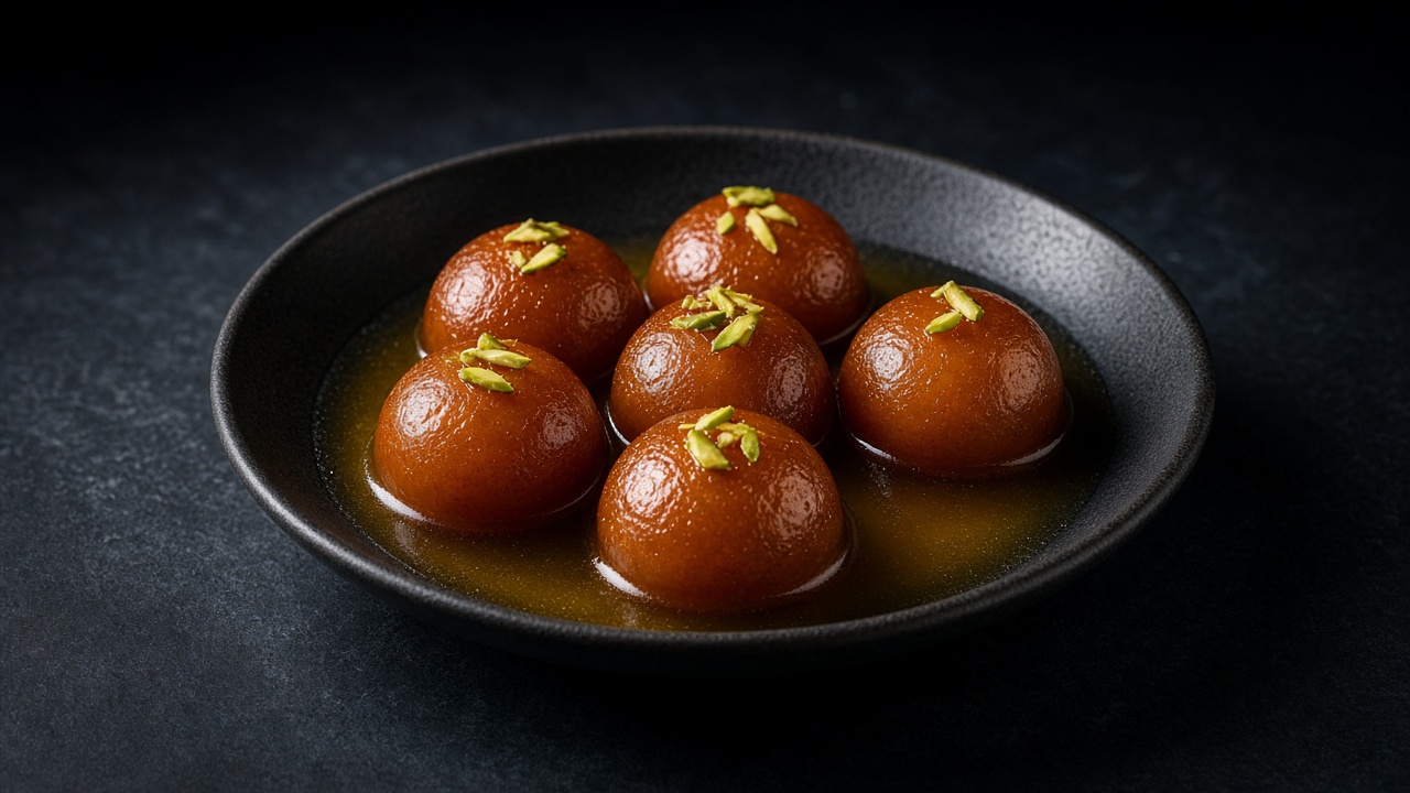 Six dark brown gulab jamun in amber syrup, sprinkled with pistachio slivers.