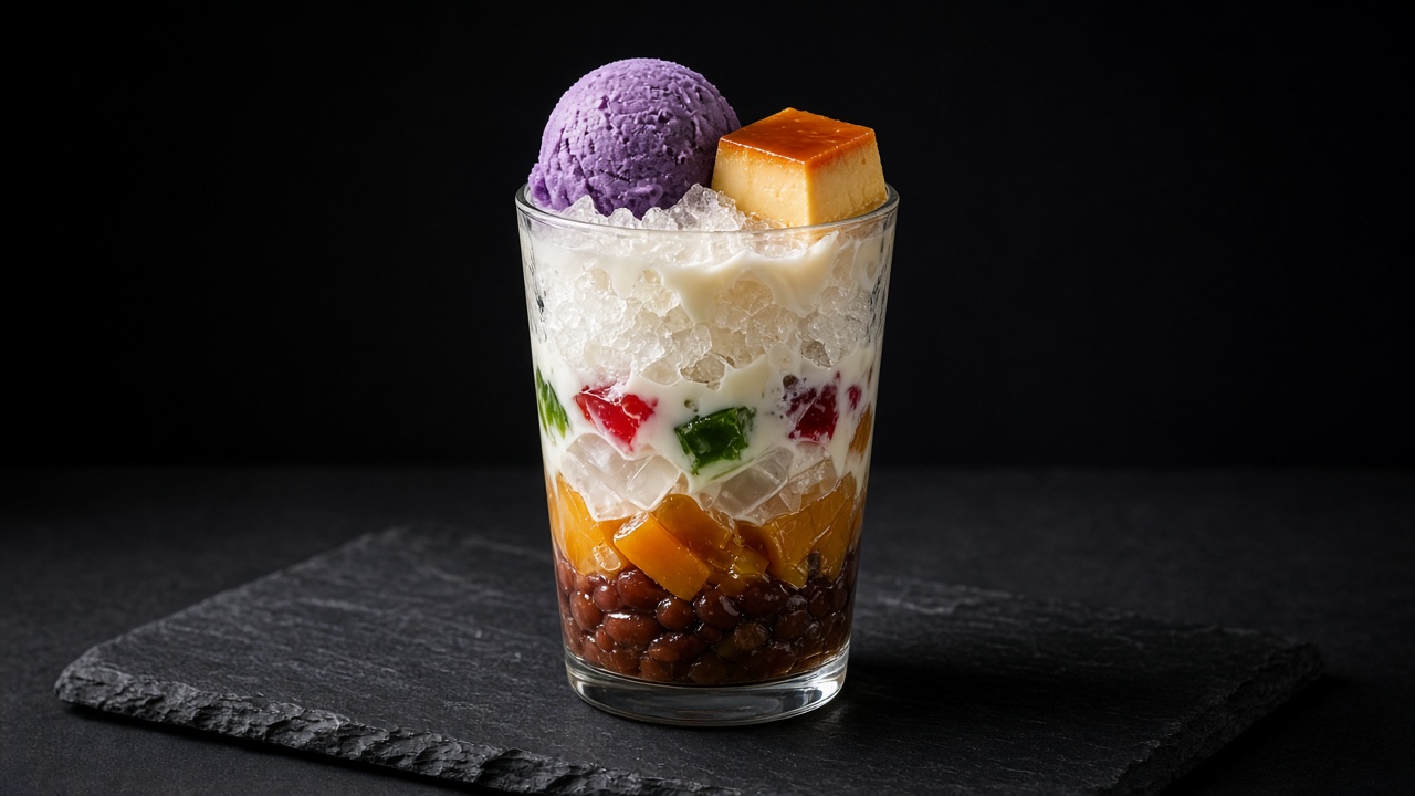 A tall glass of halo-halo with purple ube ice cream, a cube of leche flan and shaved ice over colourful beans and fruit.