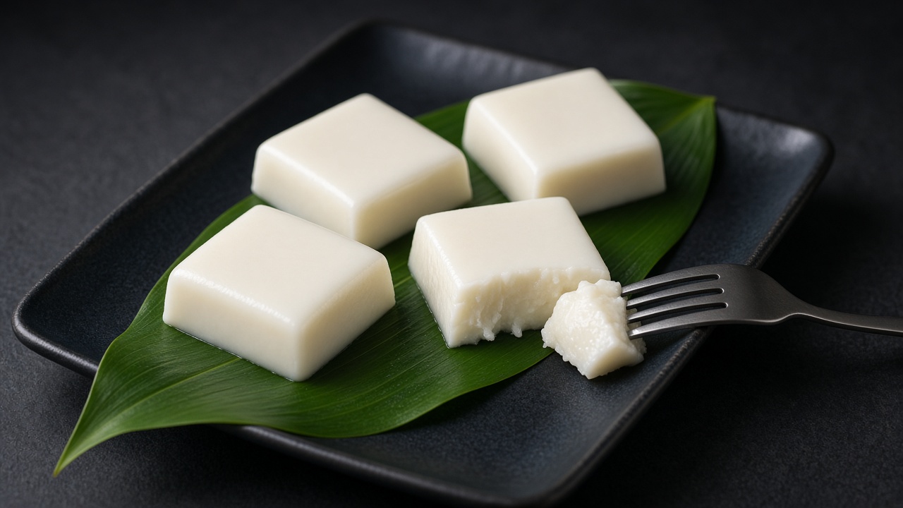 White squares of haupia coconut pudding arranged on a green leaf.