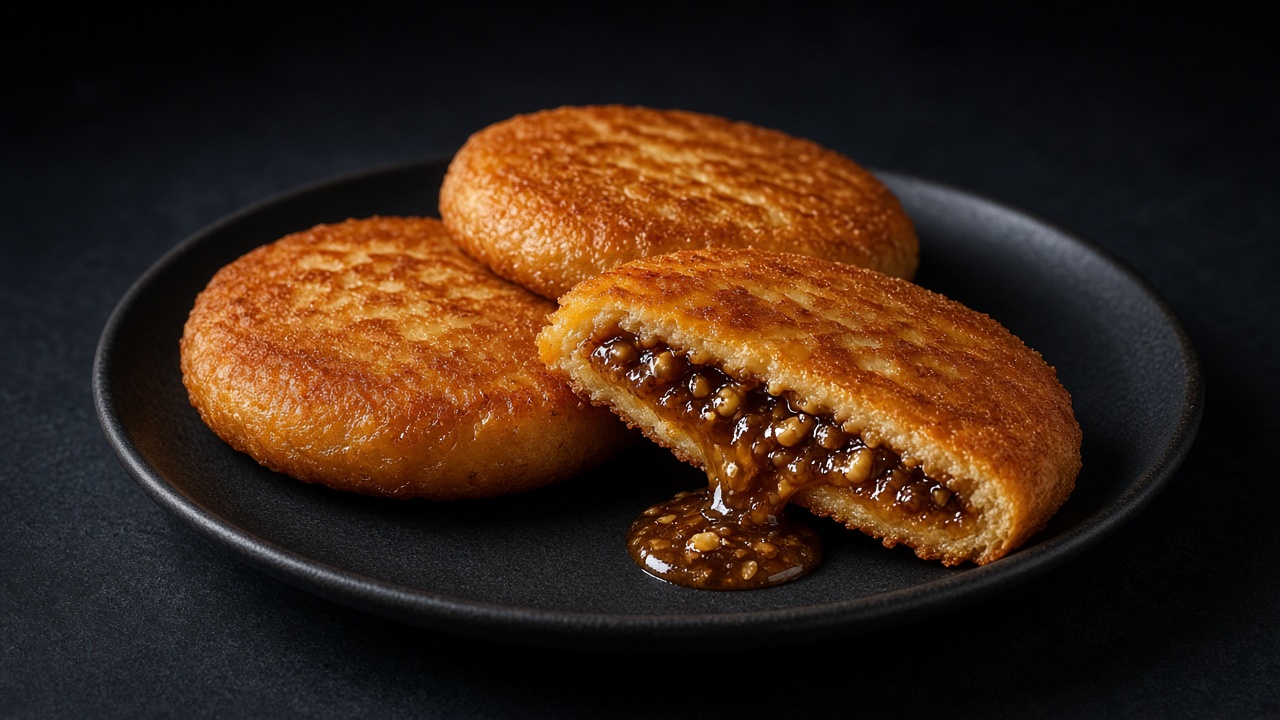 Golden hotteok pancakes, one cut open with dark brown sugar and peanut filling oozing out.