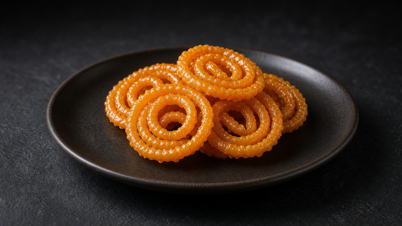 A pile of bright orange jalebi spirals glistening with saffron syrup.