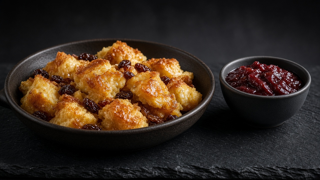 Torn golden caramelised kaiserschmarrn pieces with raisins, and a small bowl of dark plum compote.