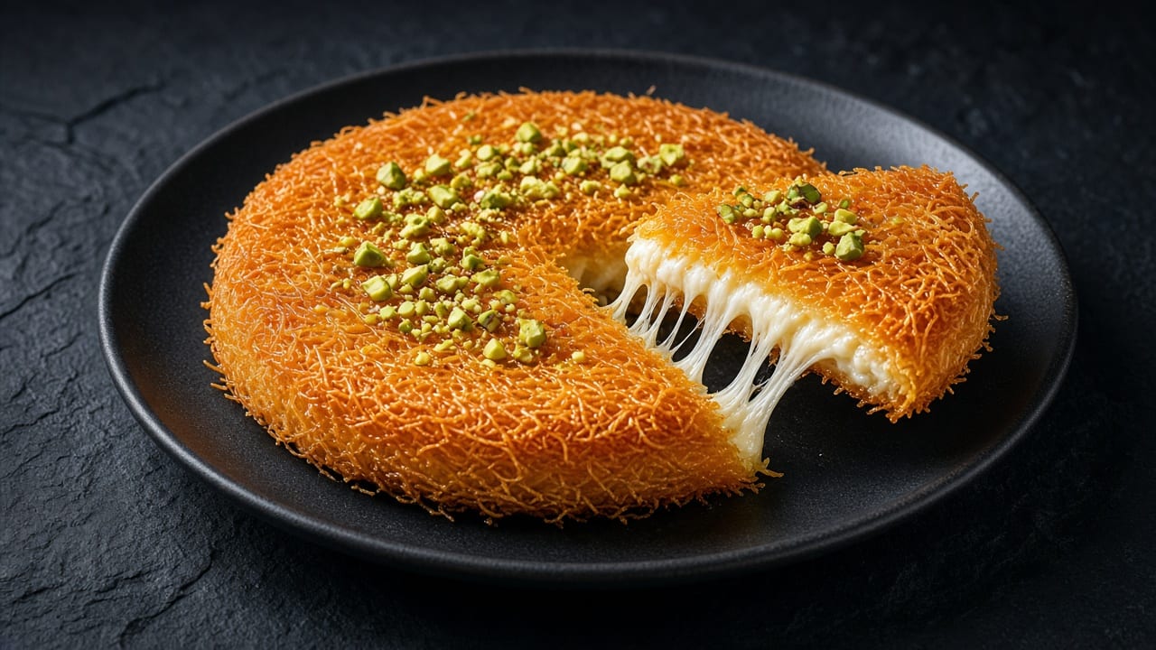 A round of orange shredded-pastry knafeh scattered with chopped pistachios, with a wedge lifted to show stretchy melted cheese.