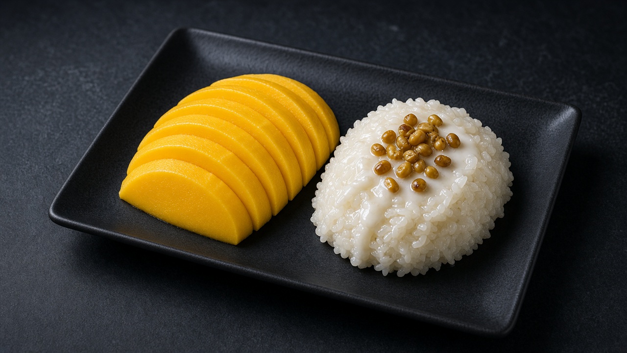 Fanned slices of ripe mango beside a mound of sticky rice with coconut sauce and toasted mung beans.