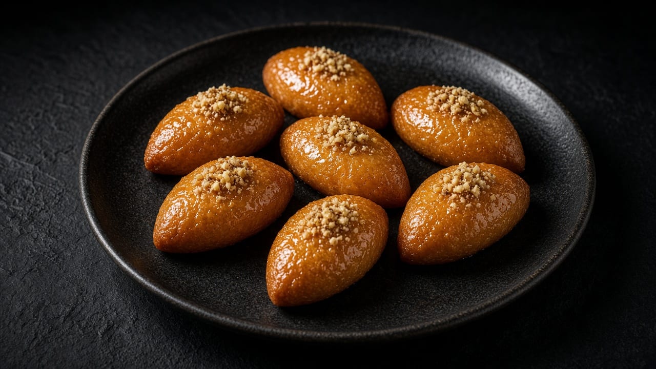 Seven oval melomakarona cookies glossy with honey syrup and topped with chopped walnuts.