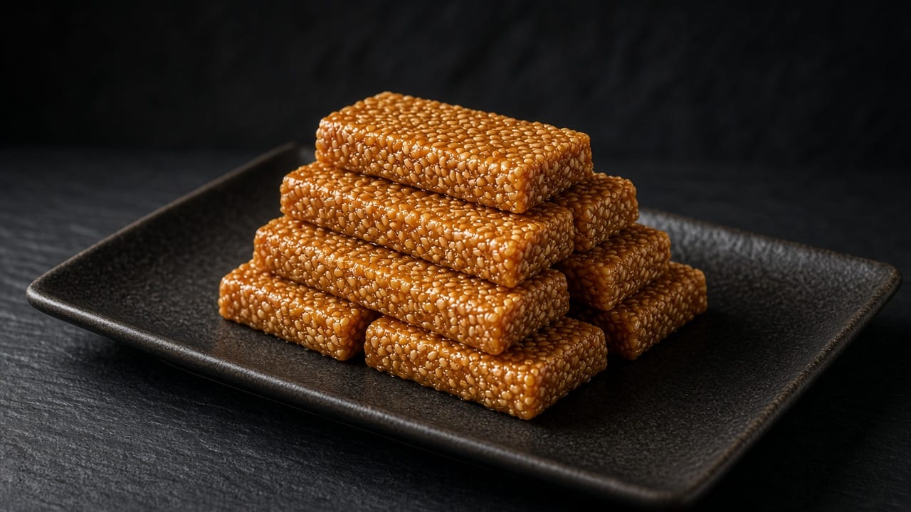 Thick golden sesame and honey bars stacked on a dark tray.