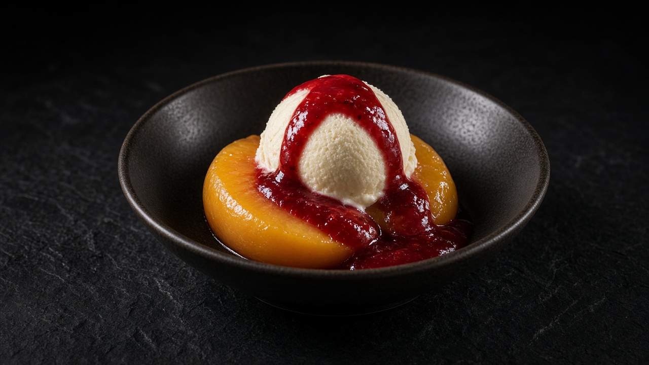 A dark bowl with a peeled golden poached peach and a scoop of vanilla ice cream, drizzled with bright red raspberry sauce.
