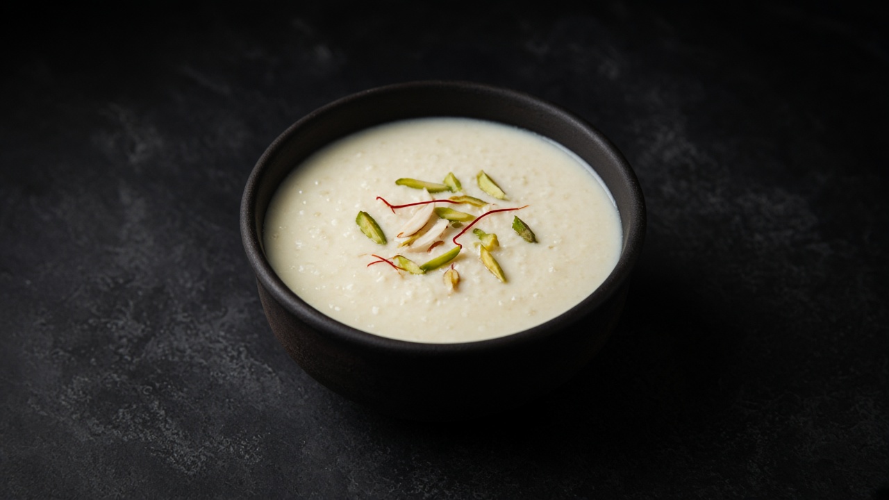 A bowl of creamy phirni topped with slivered pistachios and almonds.