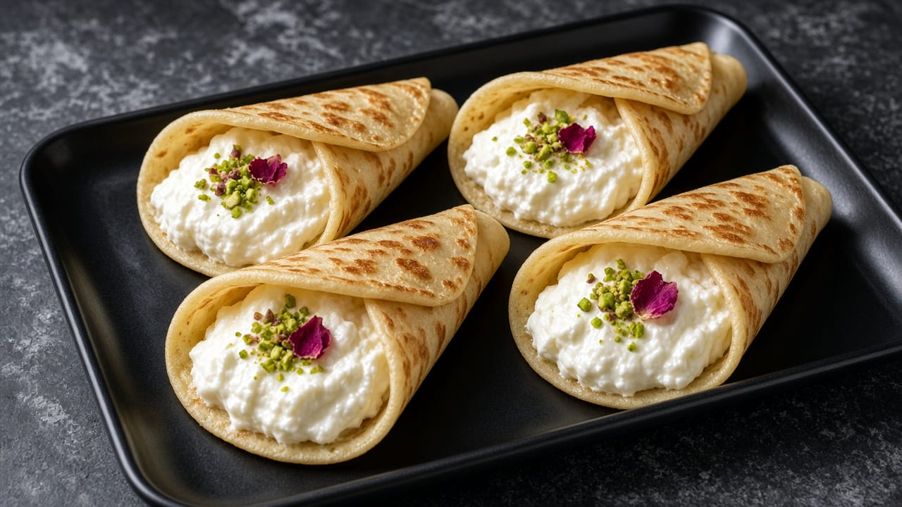 Folded golden pancake cones filled with white cream and dipped in chopped pistachios, served with syrup alongside.