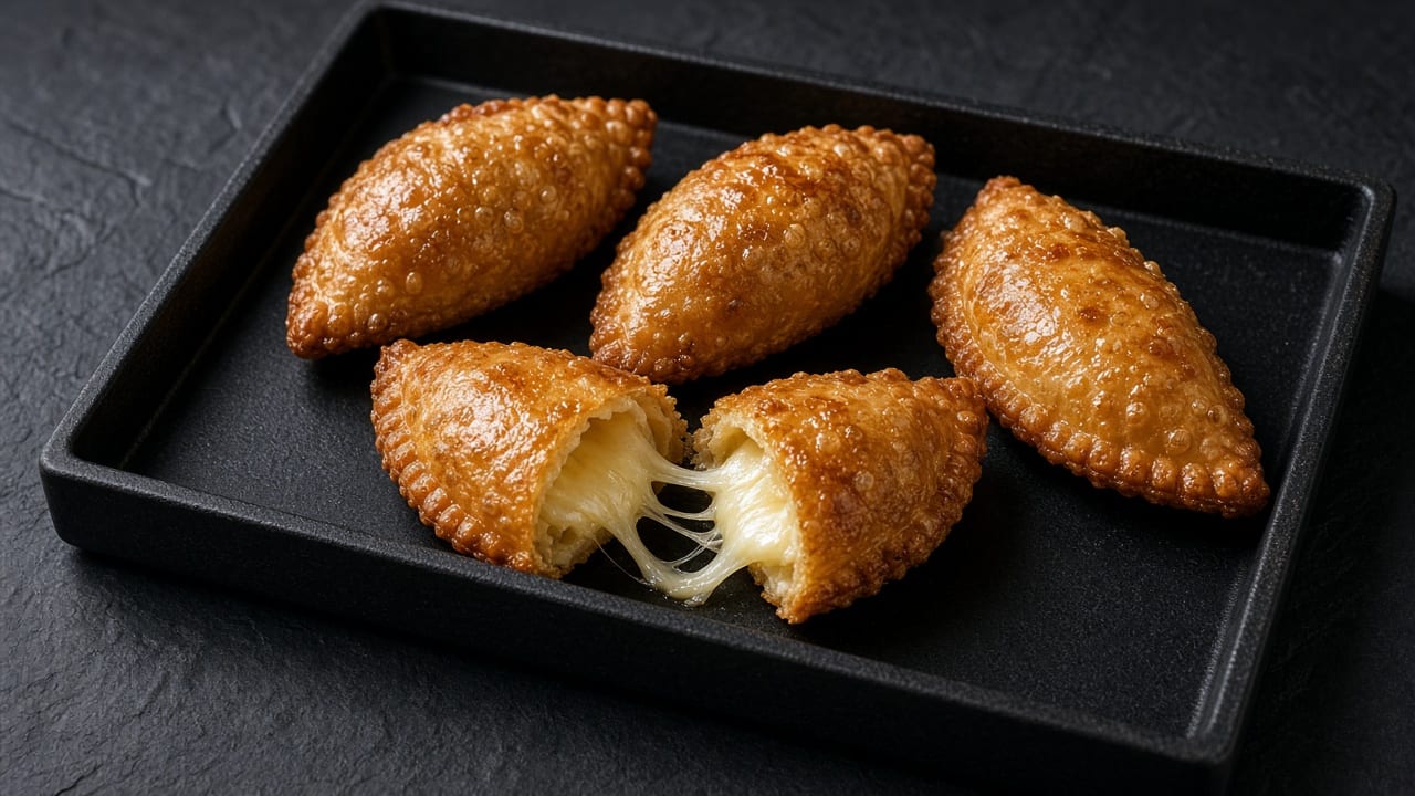 Crimped golden qatayef half-moons, one pulled apart to show stretchy melted cheese.