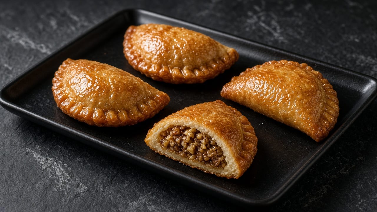 Golden fried qatayef half-moons with crimped edges, one cut to show a cinnamon walnut filling.