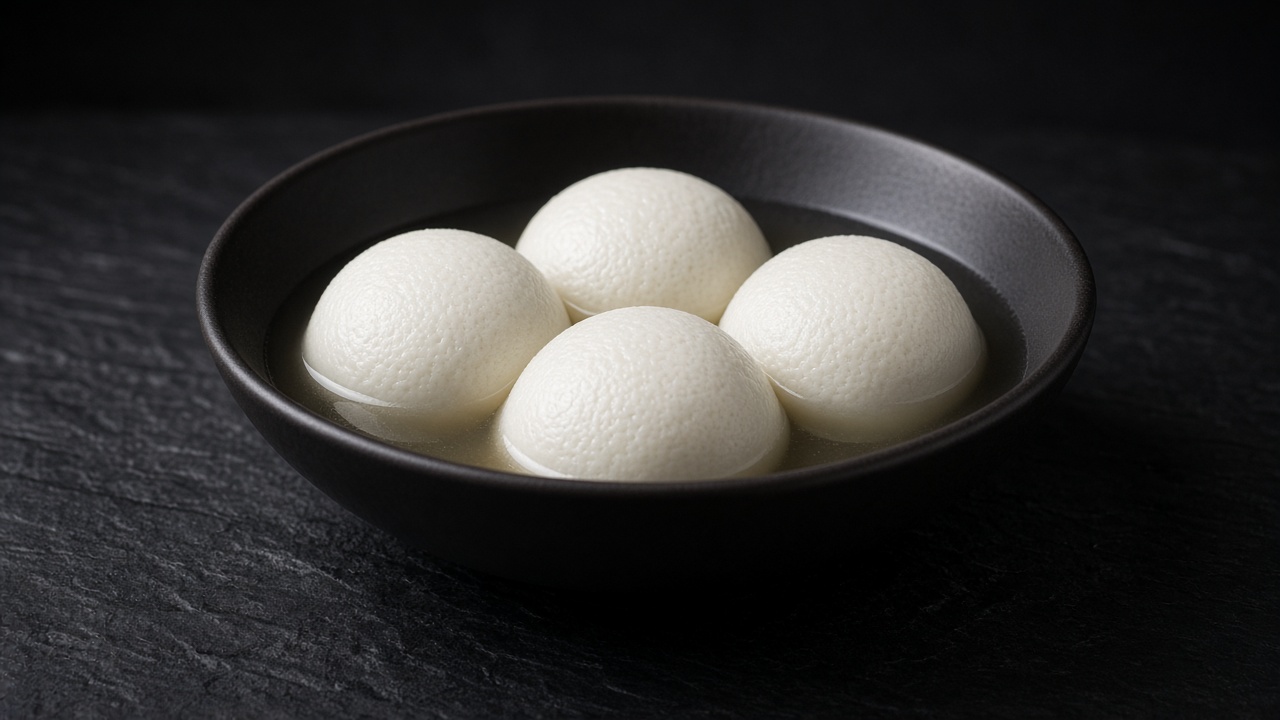 Four soft white rasgulla in light syrup in a dark bowl.