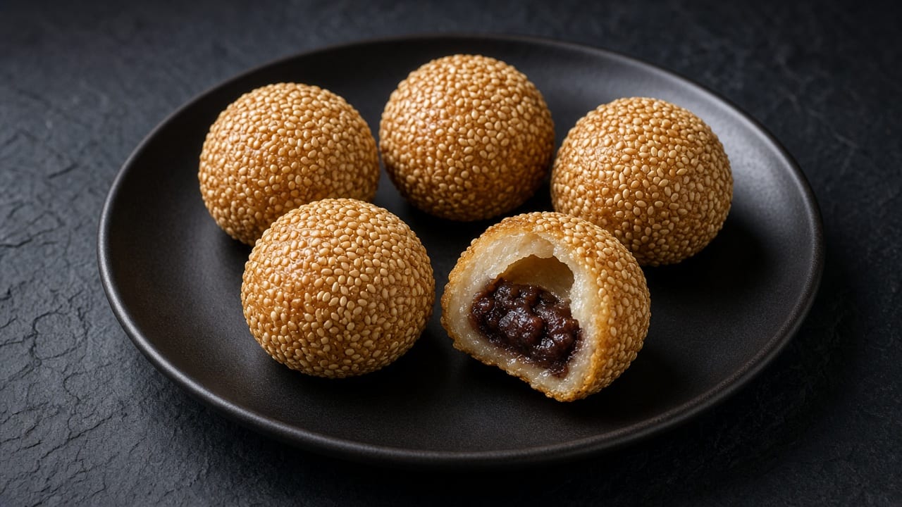 Golden sesame-coated balls, one cut open to reveal dark red bean paste.
